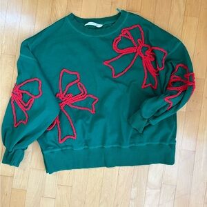 Altar'd State Green Sweater with Red Bow Details
